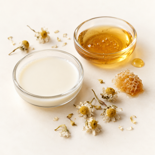 Savon crème blanche artisanale avec miel doré, camomilles séchées et rayon de miel naturel.