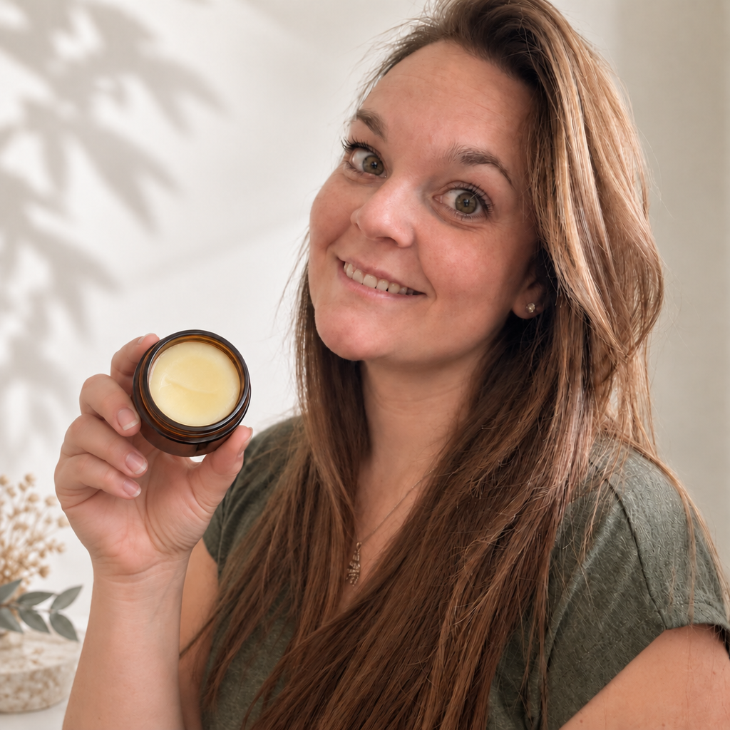 Femme souriante tenant un pot brun de baume régénérant crème beige, décor naturel en arrière-plan.