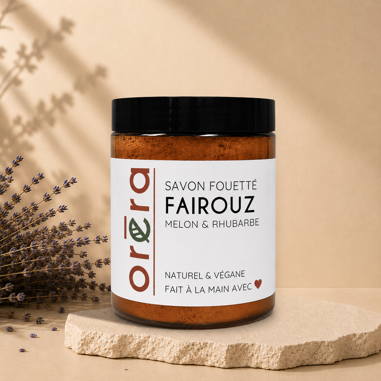 Pot de savon fouetté FAIROUZ melon & rhubarbe ORÉRA éco-luxe naturel fabriqué au Québec sans cruauté.
