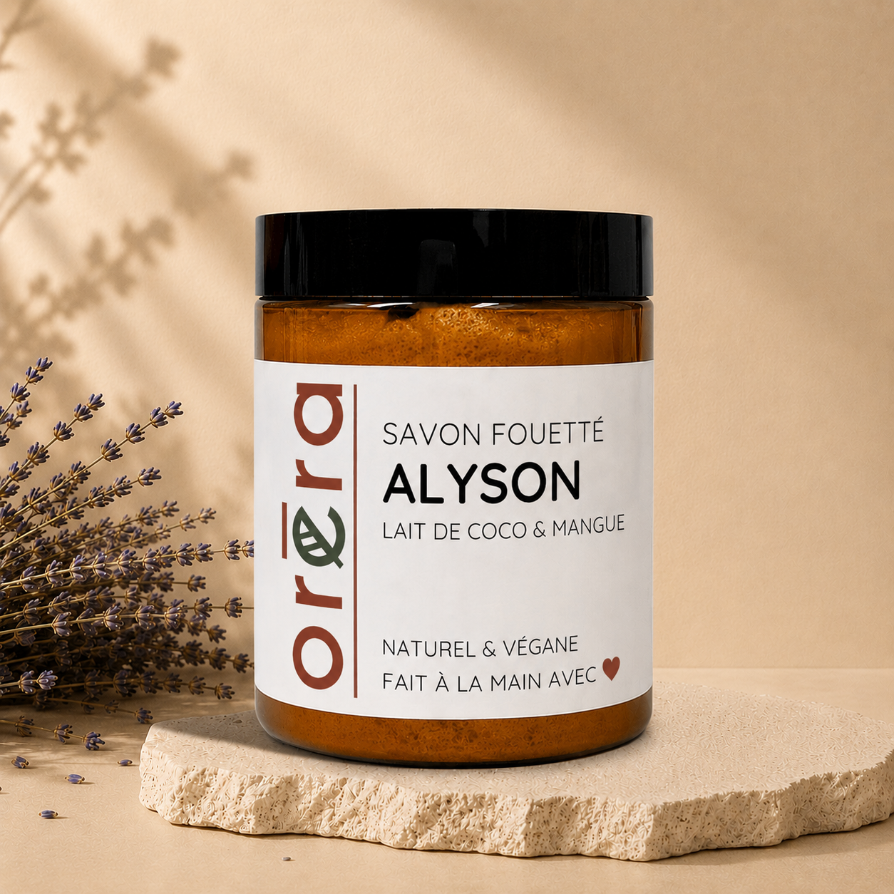 Savon fouetté ORÉRA Alyson coco et mangue, éco-luxe naturel, fabriqué au Québec, sans cruauté.