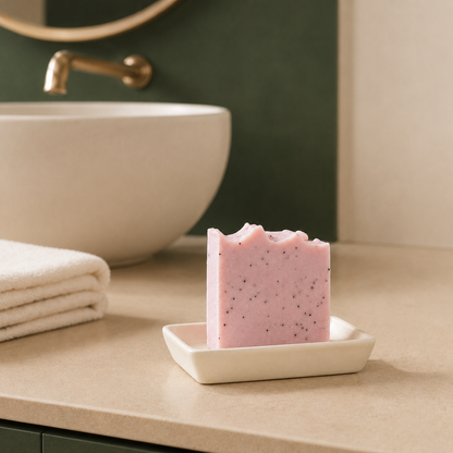 Savon exfoliant rose avec graines de pavot, ORÉRA éco-luxe naturel fabriqué au Québec sans cruauté.
