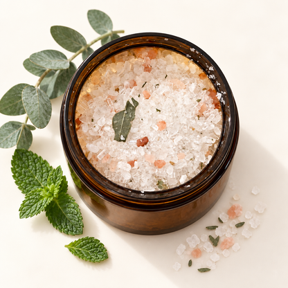 Pot en verre ambré rempli de sels de bain blancs et roses avec feuilles de menthe et eucalyptus.