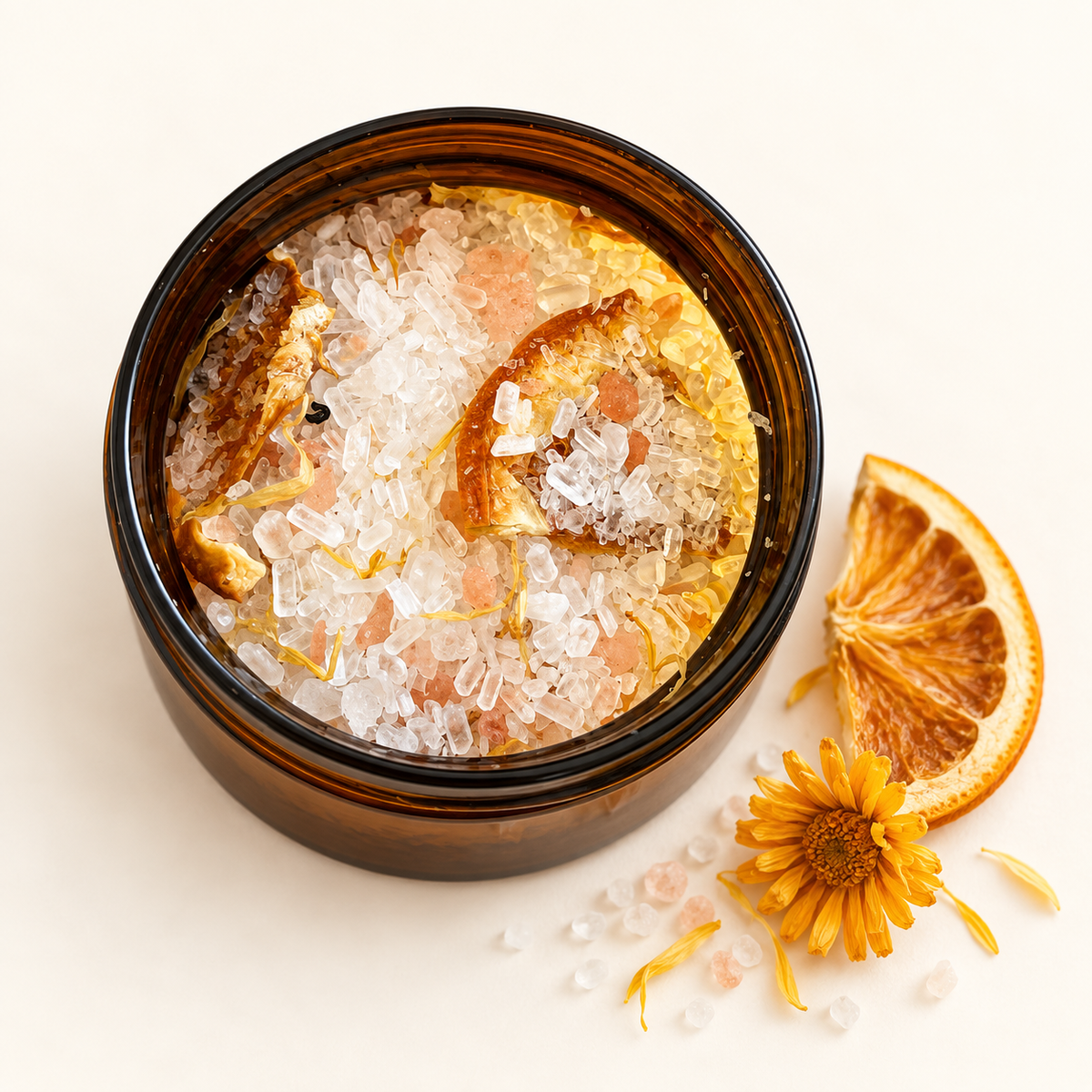 Pot en verre ambré rempli de sels botaniques avec tranches d'orange séchée et pétales de calendula.