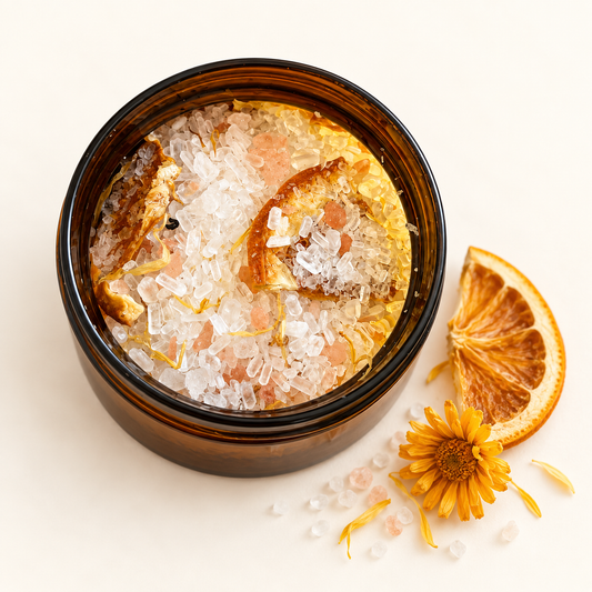 Pot en verre ambré rempli de sels botaniques avec tranches d'orange séchée et pétales de calendula.