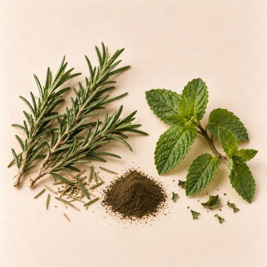 Brindilles de romarin, feuille de menthe fraîche et poudre verte fine sur fond beige clair.