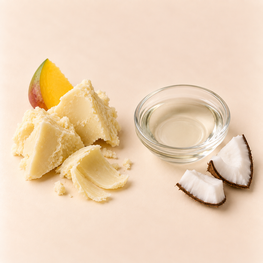 Chunks de revitalisant crème beige, morceau de mangue, morceaux de noix de coco, petit bol d’huile claire.