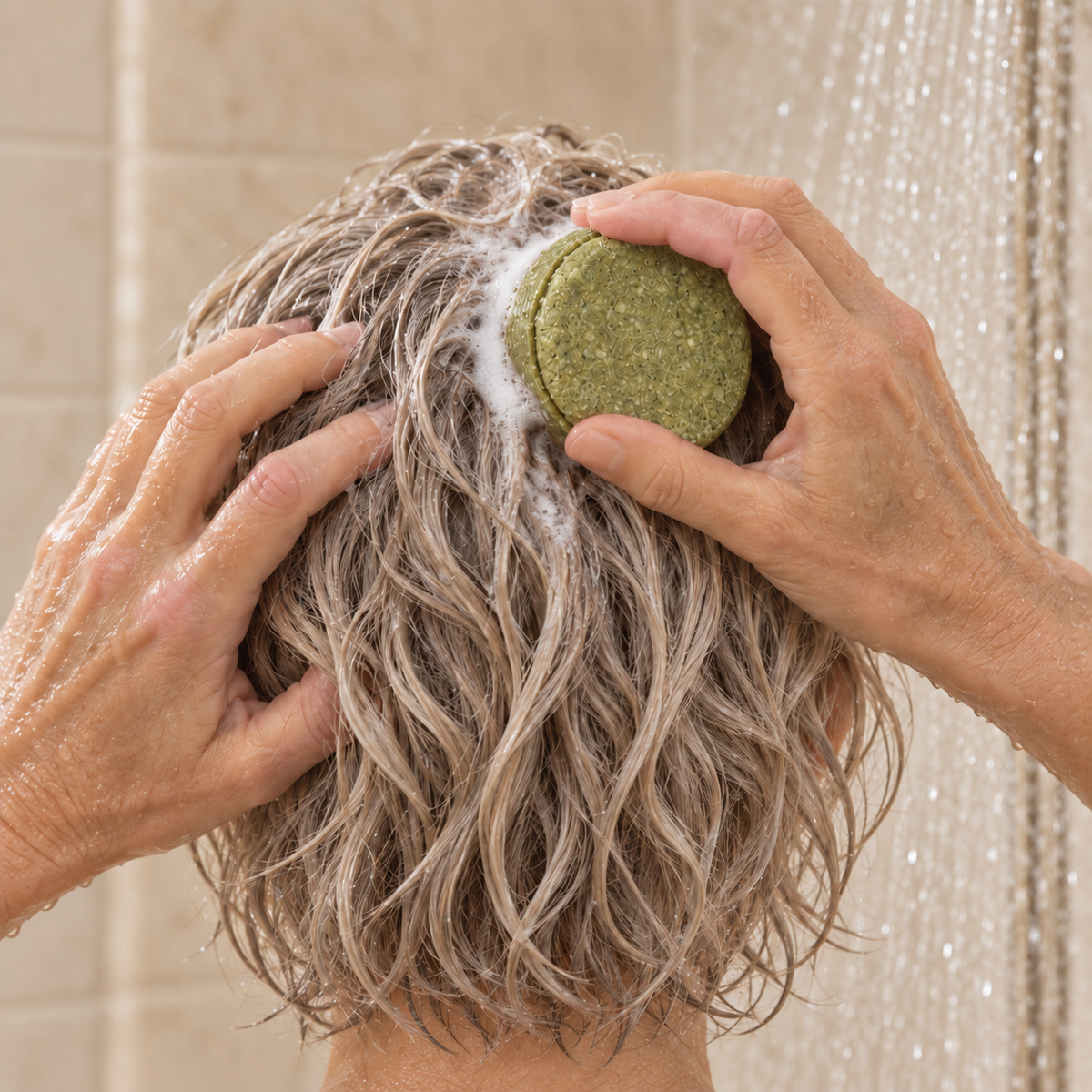 Shampoing solide vert mousse utilisé sur cheveux blonds mouillés sous une douche beige.