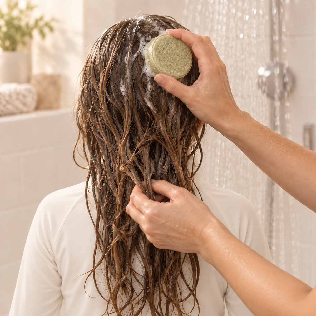 Personne appliquant un shampoing naturel hydratant avec un shampooing solide beige sur cheveux longs mouillés.