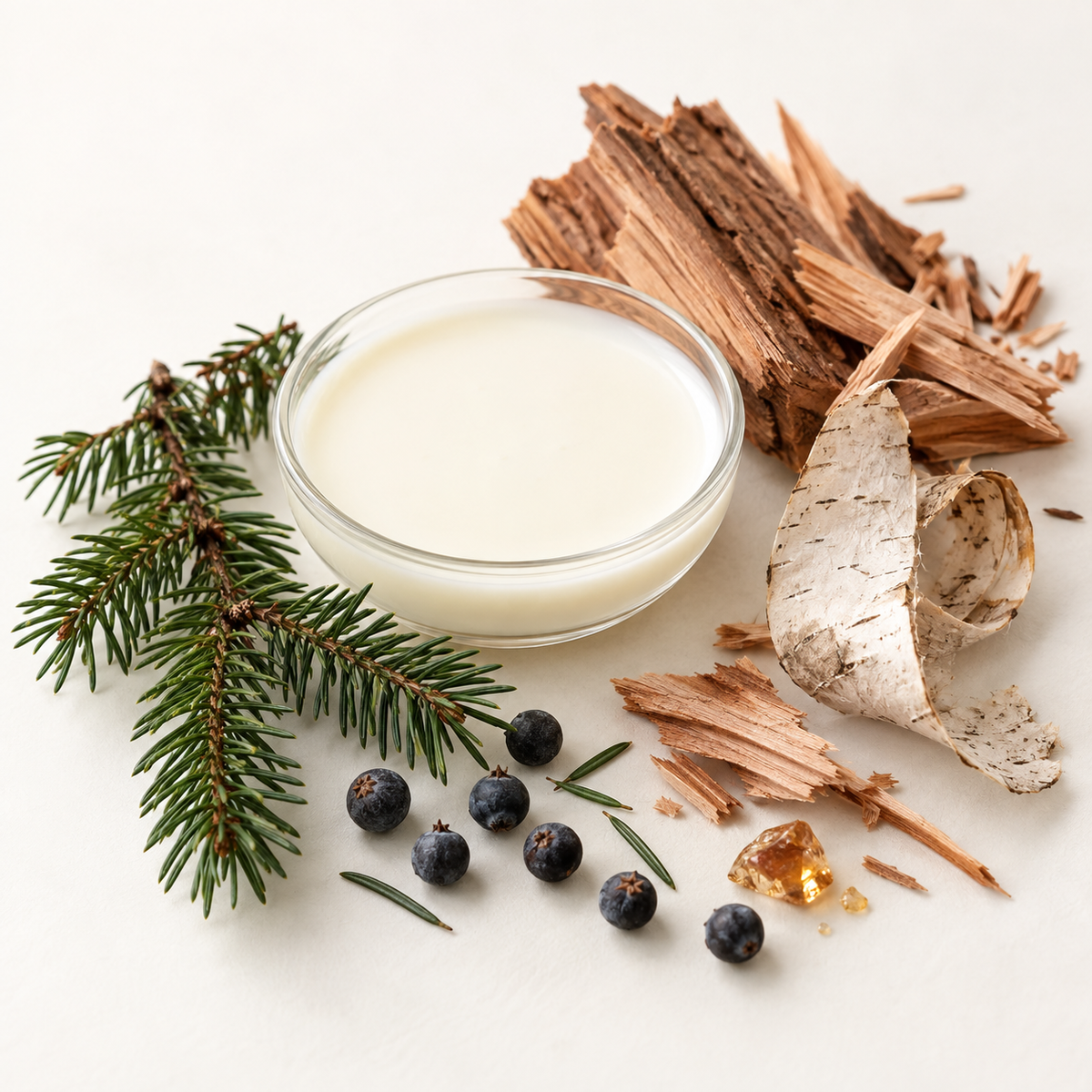 Savon blanc rond avec morceaux de bois, branches d’épinette et baies noires sur fond clair.