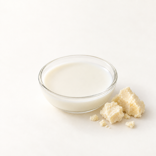 Bol en verre transparent rempli de lait blanc avec morceaux de savon beige à côté.