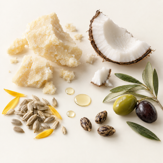 Morue blanche en copeaux grossiers avec noix de coco, olives, graines et feuilles d’olivier sur fond clair.