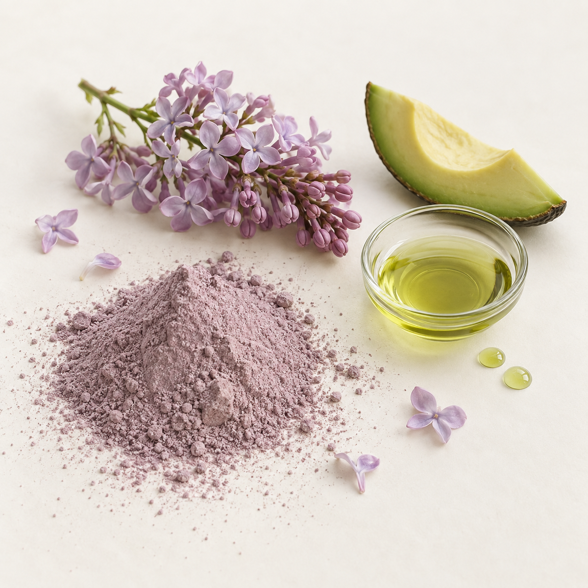 Savon artisanal violet à l'argile avec huile d'avocat verte et fleurs de lilas pâle.