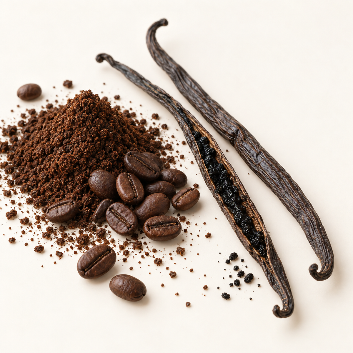 Gousse de vanille ouverte, grains de café entiers et poudre de café brun foncé sur fond clair.