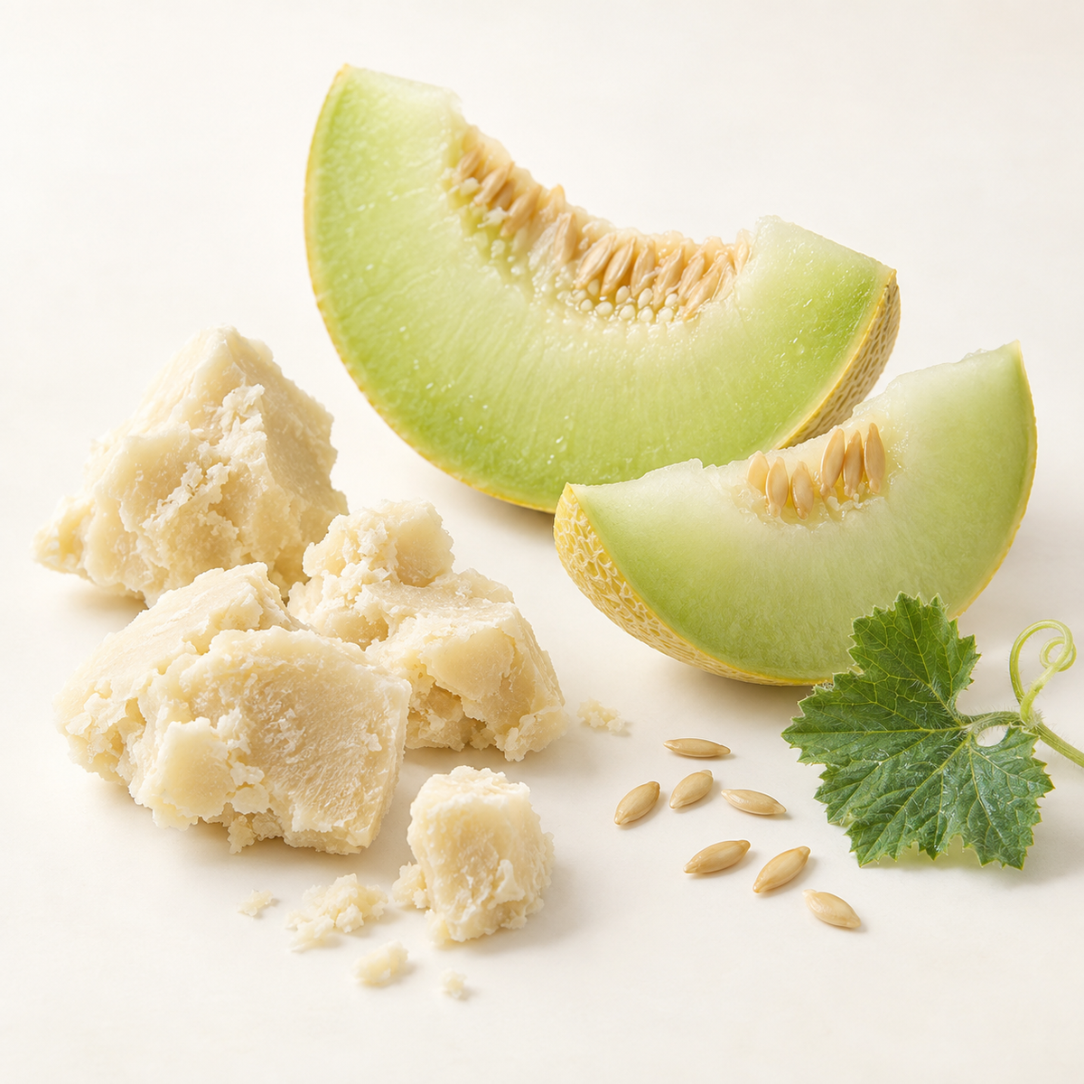 Morceaux de savon beige craquelé avec deux tranches de melon miel vert clair et graines sur fond clair.