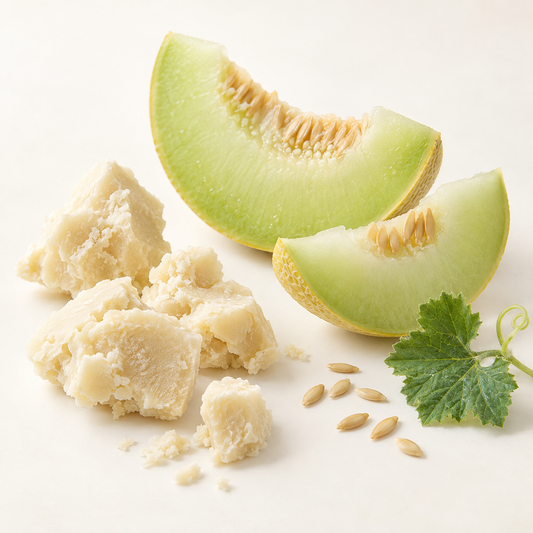 Morceaux de savon beige craquelé avec deux tranches de melon miel vert clair et graines sur fond clair.
