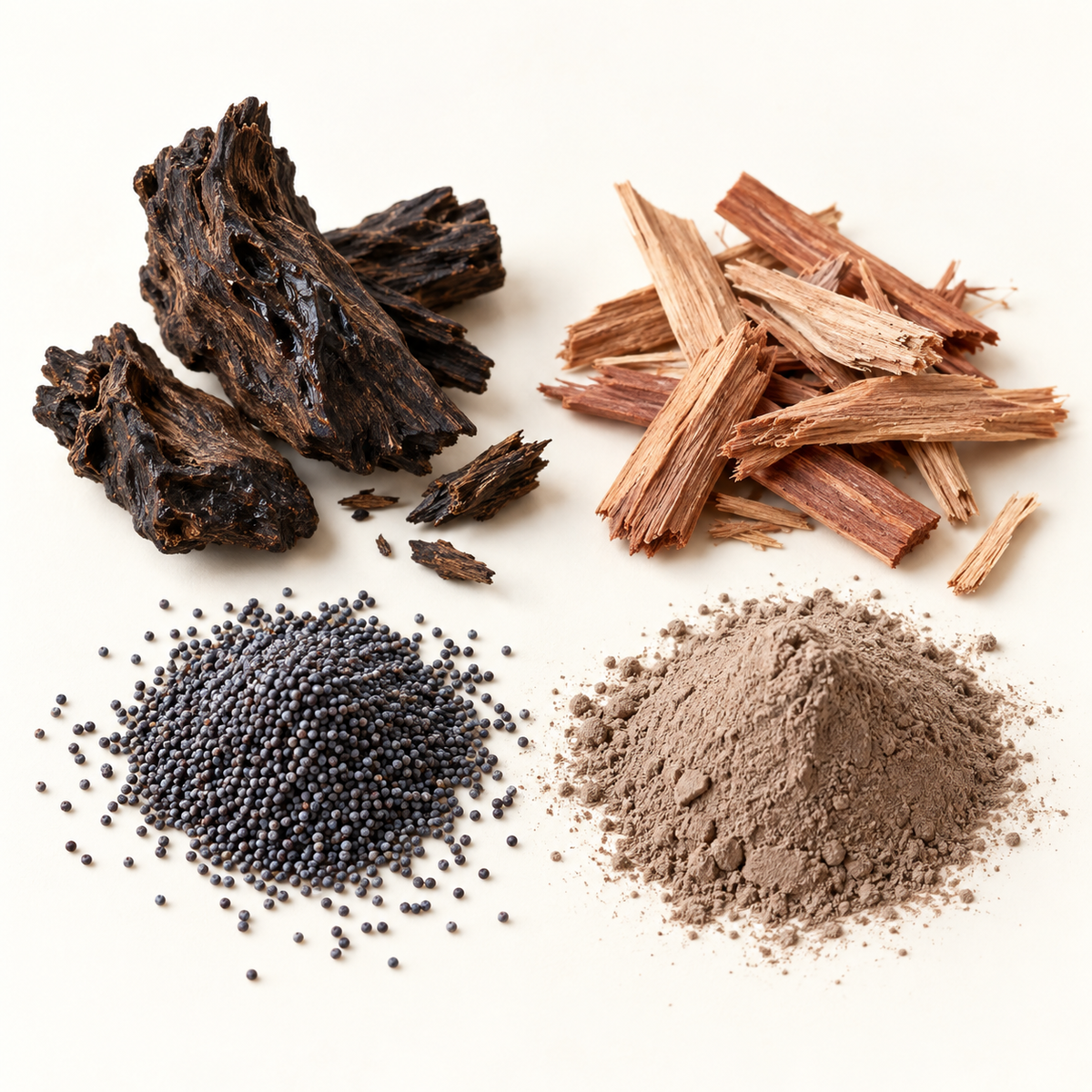 Pacques noirs, poudre de ghassoul brun clair, bois brun clair et morceaux de racine foncée sur fond beige.