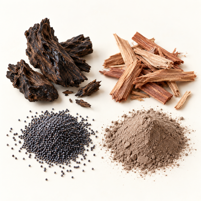 Pacques noirs, poudre de ghassoul brun clair, bois brun clair et morceaux de racine foncée sur fond beige.