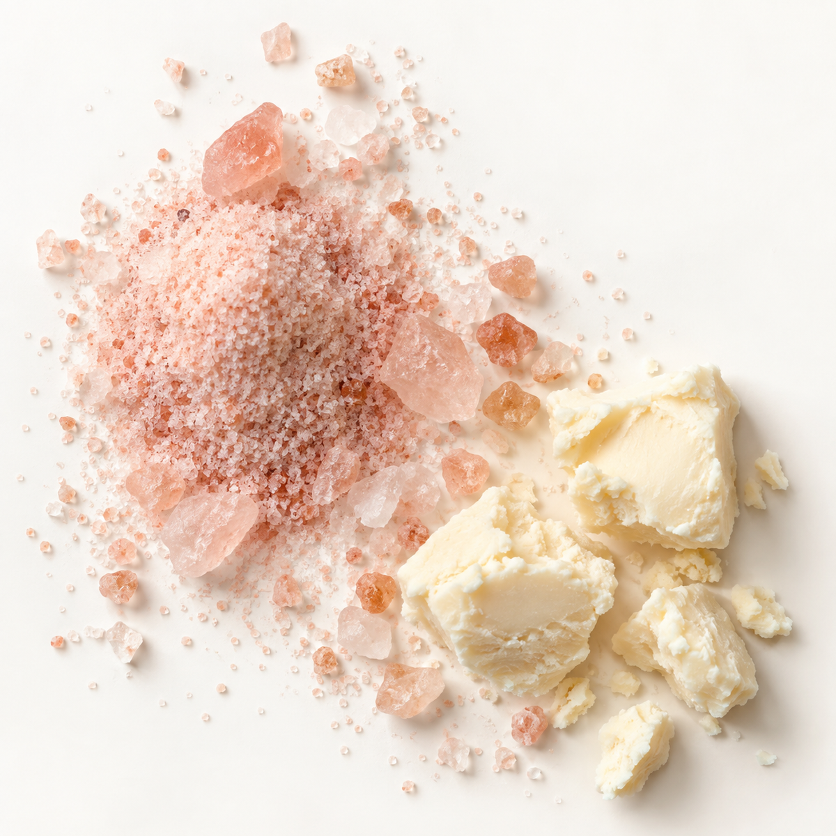 Grains de sel rose d’Himalaya gros et fin avec morceaux de savon exfoliant blanc crème.