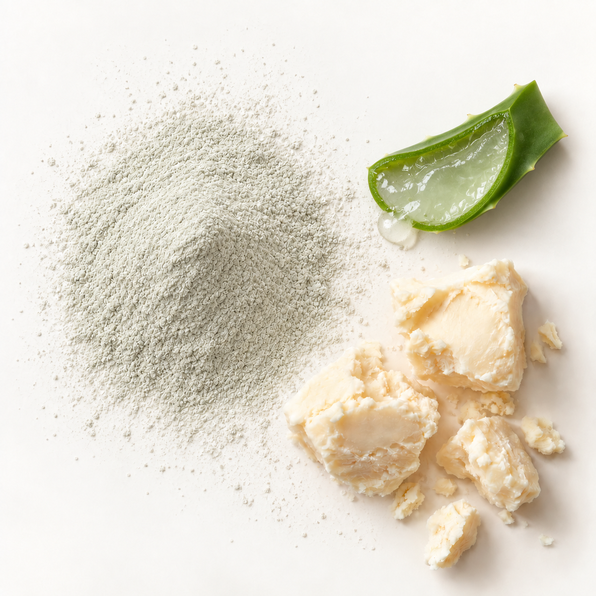 Poudre grise, morceaux crémeux beige et feuille verte d’aloe vera éclatante sur fond clair.