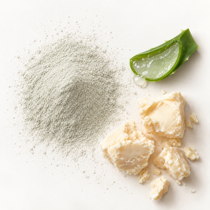 Poudre grise, morceaux crémeux beige et feuille verte d’aloe vera éclatante sur fond clair.
