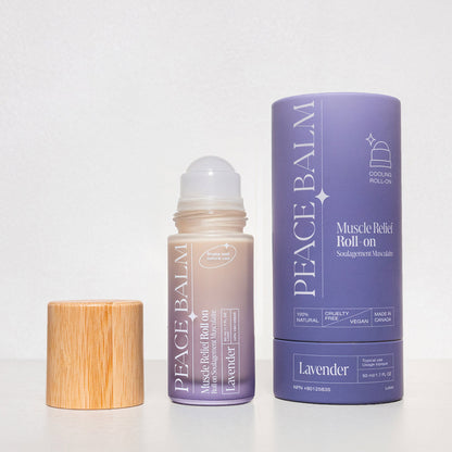 Baume Peace Balm lavande roll-on avec bouchon bois et étui violet éco-luxe naturel.
