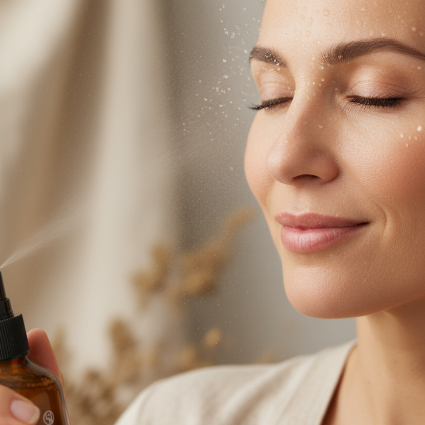 Flacon en verre ambré de 120 ml avec vaporisateur noir, spray de tonique floral naturel sur visage féminin.