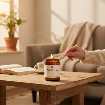 Bougie VASILISA épices d'automne en verre ambré, cire de soya naturelle, éco-luxe québécois sans cruauté.