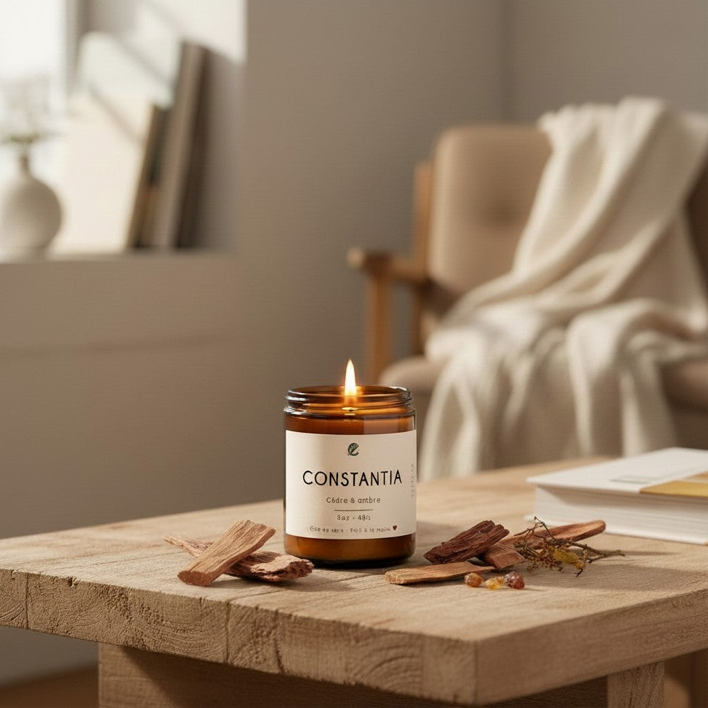 Bougie de soya ORÉRA CONSTANTIA cèdre ambre verre ambré éco-luxe naturel fabriqué au Québec sans cruauté.