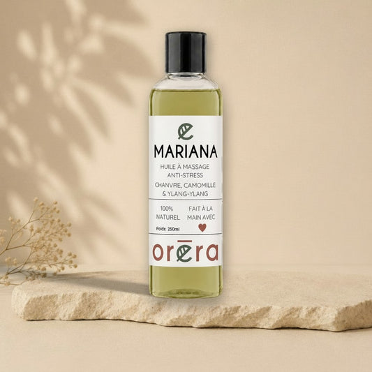Huile à massage Mariana chanvre camomille ylang-ylang ORÉRA éco-luxe naturel Québec sans cruauté.