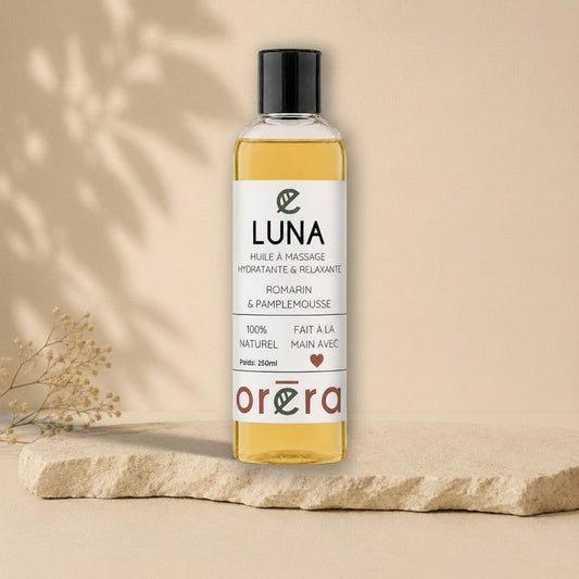 Huile à massage LUNA romarin et pamplemousse ORÉRA, éco-luxe naturel, fabriqué au Québec, sans cruauté.