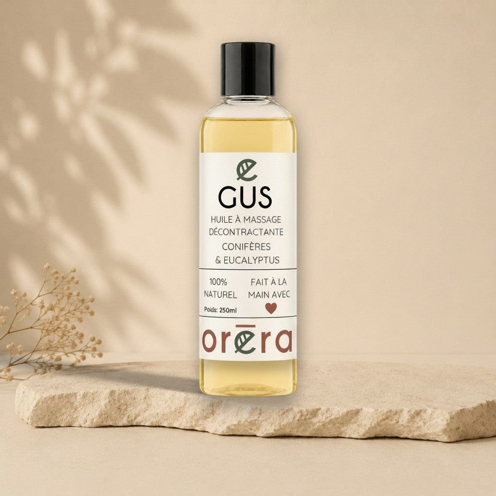 Flacon d’huile à massage ORÉRA conifères et eucalyptus, éco-luxe naturel québécois sans cruauté.