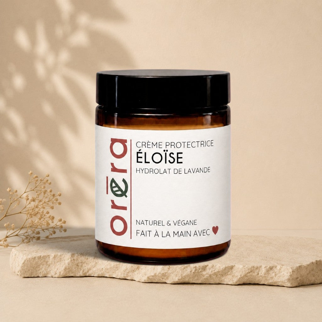 Pot brun de crème réparatrice ÉLOÏSE à l'hydrolat de lavande, éco-luxe naturel ORÉRA, fabriqué au Québec, soins naturels.