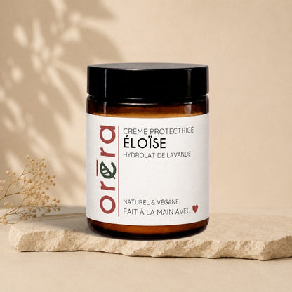 Pot brun de crème réparatrice ÉLOÏSE à l'hydrolat de lavande, éco-luxe naturel ORÉRA, fabriqué au Québec, soins naturels.