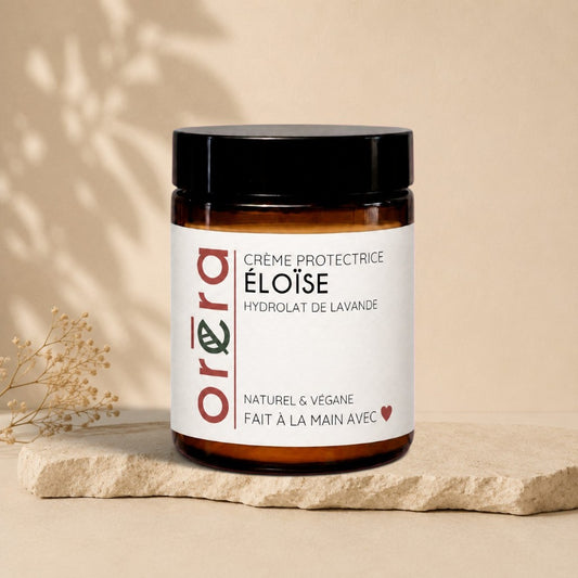 Pot brun de crème réparatrice ÉLOÏSE à l'hydrolat de lavande, éco-luxe naturel ORÉRA, fabriqué au Québec, soins naturels.