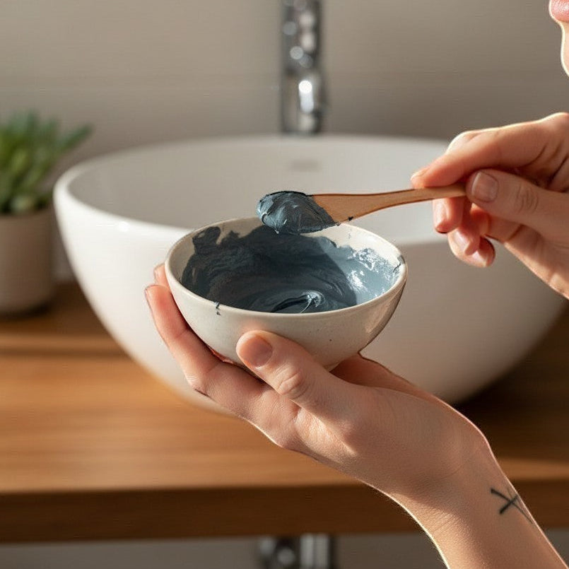 Masque visage purifiant charbon et camomille ORÉRA en bol blanc, soins naturels éco-luxe Québec sans cruauté.