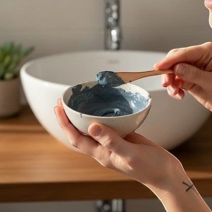 Masque visage purifiant charbon et camomille ORÉRA en bol blanc, soins naturels éco-luxe Québec sans cruauté.