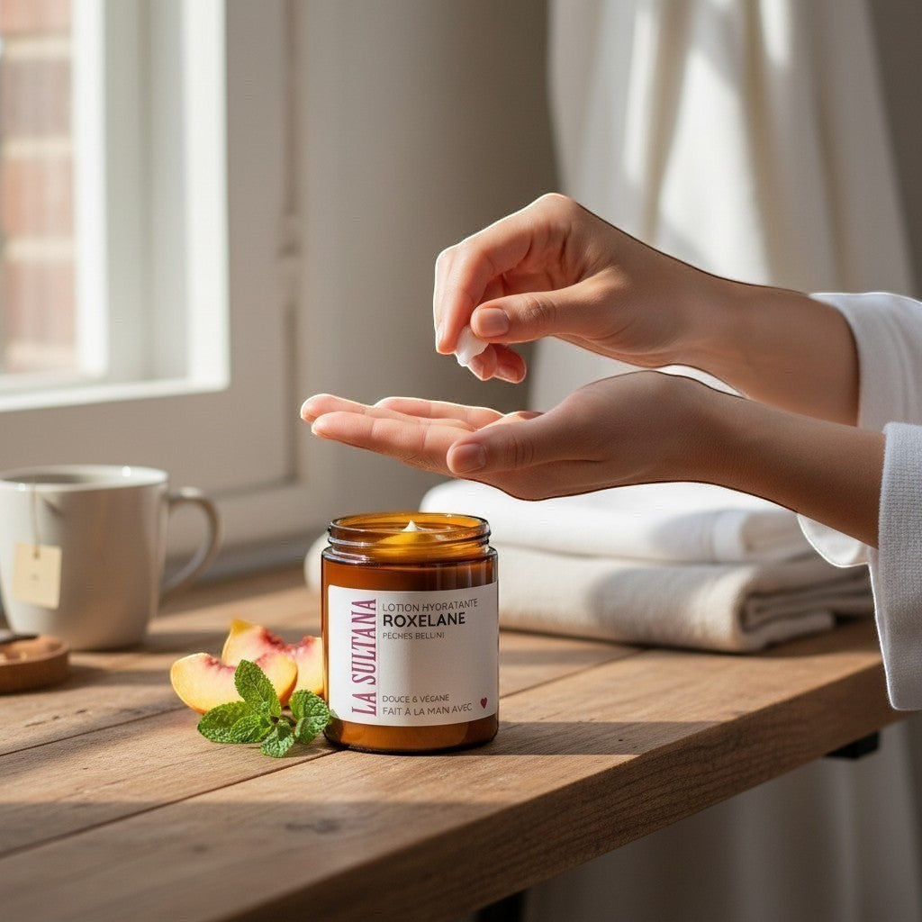 Pot en verre ambré de lotion hydratante ROXELANE Nectar de pêches, éco-luxe naturel québécois sans cruauté.