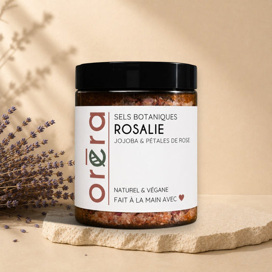 Sels botaniques Rosalie jojoba et pétales de roses ORÉRA éco-luxe naturel Québec sans cruauté.