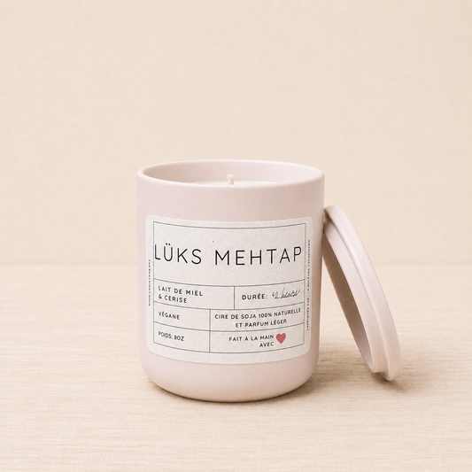 Bougie en cire de soja LÜKS MEHTAP cerise et lait de miel, éco-luxe naturel québécois, sans cruauté, soins naturels ORÉRA.