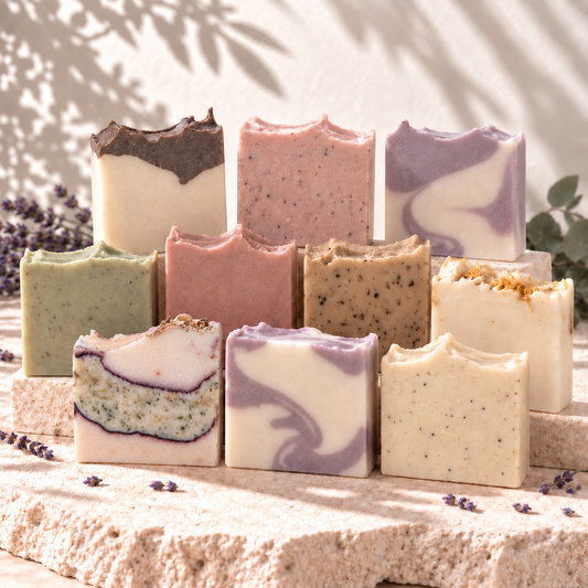 Lot de savons naturels variés aux couleurs douces et textures marbrées, 1 kg.