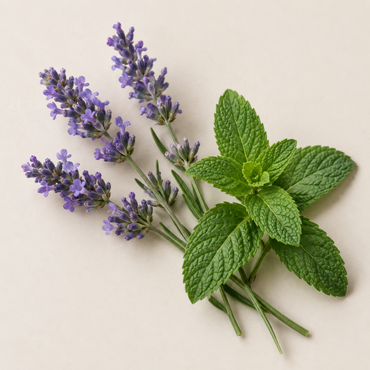 Brins de lavande violette et feuilles de menthe poivrée vert vif sur fond neutre.