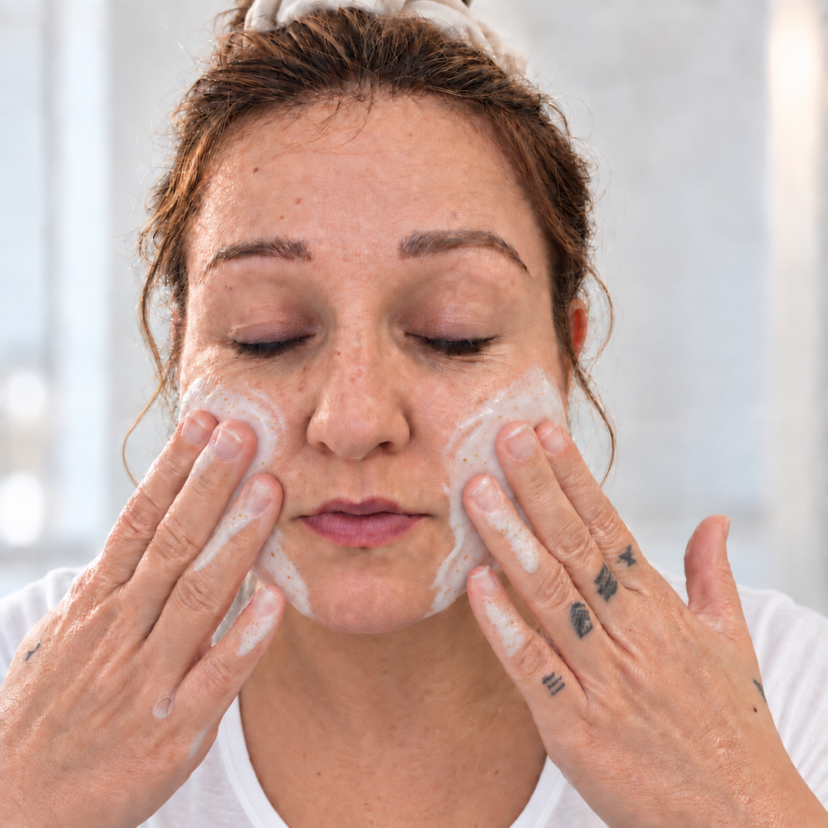 Femme appliquant un lait nettoyant doux sur le visage, mousse blanche, peau claire, mains tatouées.