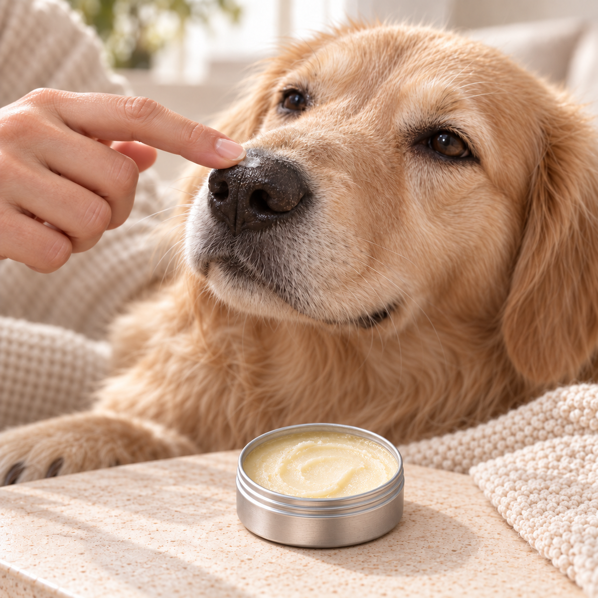 Chien doré recevant du baume pour museau Pepper dans un pot en métal argenté sur une couverture beige.