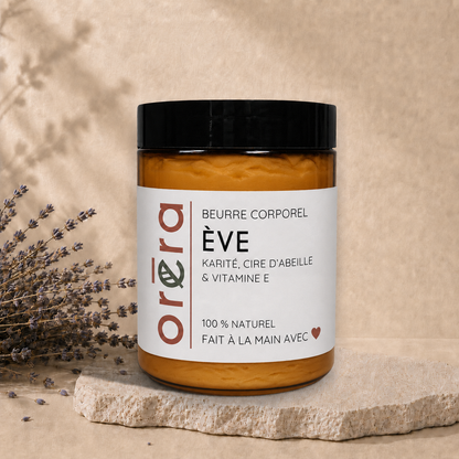 Pot de beurre corporel ÈVE au karité Oréra, éco-luxe naturel québécois, soin hydratant sans cruauté.