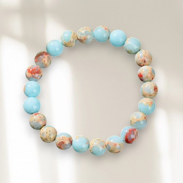 Bracelet mala en pierres turquoise et marbrées, ORÉRA éco-luxe naturel fabriqué au Québec sans cruauté.