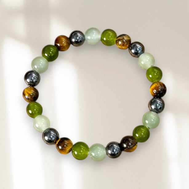 Bracelet mala en pierres naturelles vertes, marron et grises, ORÉRA, éco-luxe naturel, fabriqué au Québec, sans cruauté.