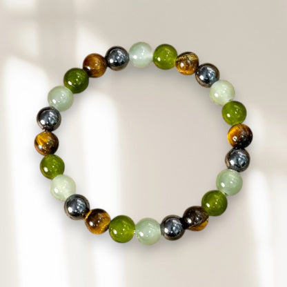 Bracelet mala en pierres naturelles vertes, marron et grises, ORÉRA, éco-luxe naturel, fabriqué au Québec, sans cruauté.