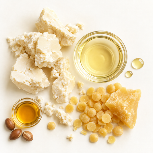 Beurre corporel fouetté crème ivoire, huile dorée, granules jaunes, éclats naturels d’argan et de karité.