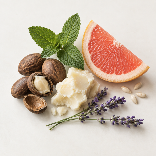 Bâton protecteur blanc crème entouré de noix, feuille de menthe, branche de lavande et tranche de pamplemousse rose.