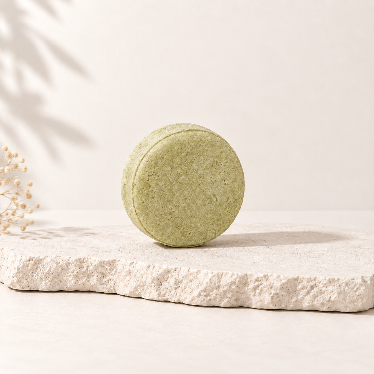 Shampoing solide rond vert clair posé sur pierre beige au style épuré.